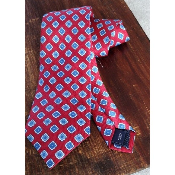 100% Silk Necktie Floral Square Print Roundtree & Yorke Mens Red Blue White - Picture 6 of 10